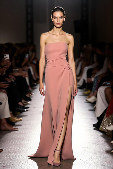 Pink Simple Ruched Strapless Long Evening Dress with Slit